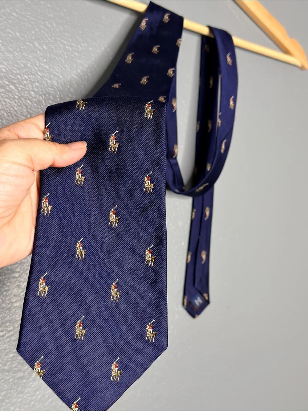 Ralph Lauren Navy Silk Tie with Polo Poney Player Motif Hand Made